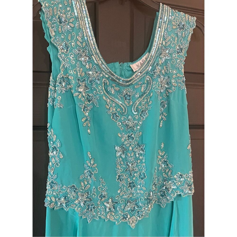 J Kara Women's Cap Sleeve Long Beaded Dress - Picture 5 of 8